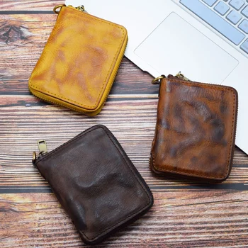 Мужской винтажный короткий кошелек на молнии из воловьей кожи Zero Wallet с верхним слоем, многофункциональный кошелек из кожи растительного дубления, сумка для карт