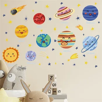 Мультяшная Солнечная Система, Улыбающиеся Планеты, Наклейка на стену для школьного украшения дома, Настенная роспись, Сделай сам, Наклейки для детской комнаты, Плакат для детской комнаты