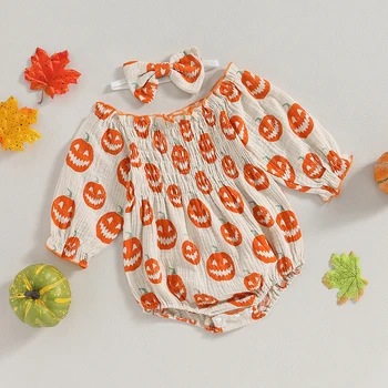 Наряд Для новорожденной девочки на Хэллоуин, хлопковый льняной комбинезон в виде тыквы с длинным рукавом, боди с повязкой на голове