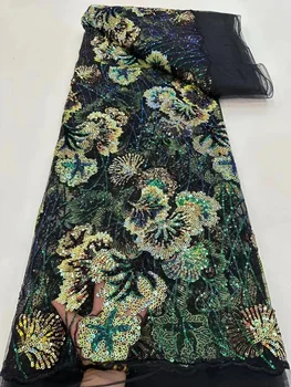 Новейшая Черная африканская кружевная ткань 2023, высококачественная вышивка пайетками, Французская Нигерийская сетчатая кружевная ткань 5 ярдов для свадебного платья