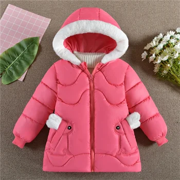 Новинка 2023 года, хлопковая куртка с капюшоном для маленьких девочек, зимнее теплое пальто с меховым воротником для маленькой принцессы, верхняя одежда на молнии, Рождественская детская одежда