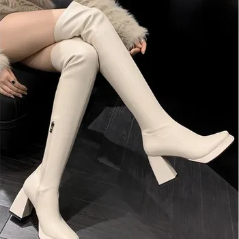 Новинка осени 2023 года; Роскошные женские ботфорты выше колена в стиле ретро; Botas; Женские эластичные ботинки с квадратным носком