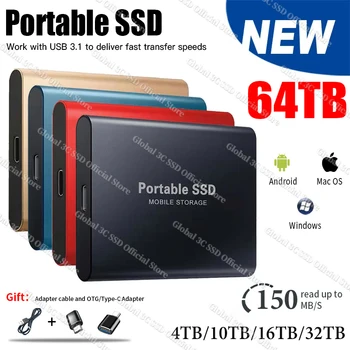 Новый Высокоскоростной Портативный SSD-накопитель емкостью 64 ТБ, Внешний Твердотельный Накопитель емкостью 2 ТБ, 4 ТБ С интерфейсом USB 3.1 TYPE-C, накопитель для ПК/Mac/Телефонов