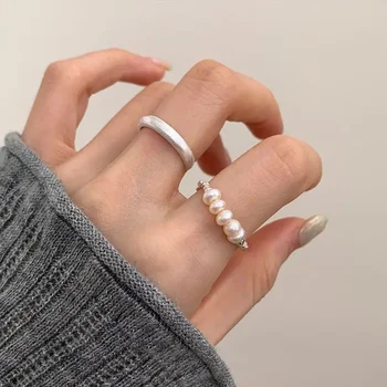 Новый простой дизайн серебряного цвета, геометрические кольца с жемчугом неправильной формы для женщин, корейские ювелирные изделия с милым темпераментом, подарки для девочек