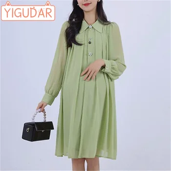 Одежда для беременных, весна-осень, платье свободного кроя в корейском стиле с длинными рукавами, юбка средней длины для женщин, которые выглядят стройными