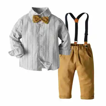 Осенне-зимний комплект одежды для мальчиков, рубашка в полоску для мальчиков и брюки с ремешком, комплект для мальчиков 80-160 см, рубашка с длинными рукавами и брюки для мальчиков