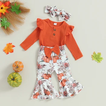 Осенний наряд для маленьких девочек, комбинезон с длинными рукавами и расклешенными штанами с принтом тыквы и повязкой на голову, одежда для Хэллоуина