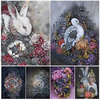 Плакат с изображением кролика, птицы, змеиного цветка и принт в стиле фэнтези, Таинственное волшебное существо и растение, сюрреалистичный декор для настенного искусства, холст, живопись