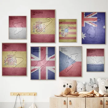 Плакаты с флагом гоночной трассы Формулы-1 из Крафт-бумаги, винтажный плакат, настенная живопись, исследование эстетического искусства, наклейки на стены небольшого размера