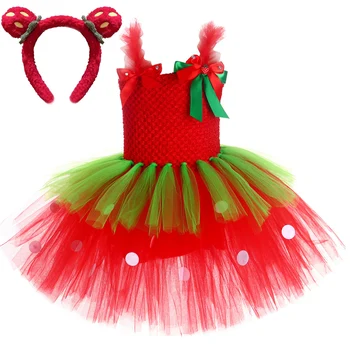 Платье-пачка с клубникой для маленьких девочек, детские костюмы на день рождения и Хэллоуин, наряды для малышей с фруктами и тортом, детская одежда 3 слоя