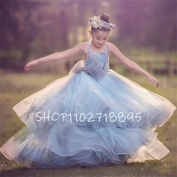 Платье с цветочным узором для девочек, нарядные платья для милых девочек, пышное кружевное платье с 3D цветочными аппликациями, бальное платье для свадьбы, платья для первого причастия