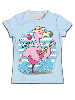 Повседневная детская одежда с героями мультфильмов, футболка для девочек, голубая, для мальчиков от 3 до 14 лет, футболка с изображением фламинго на гитаре для девочек
