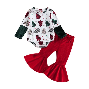 Рождественский наряд для маленьких девочек, 2 шт., комбинезон с длинными рукавами и принтом Рождественской елки, детские красные расклешенные брюки