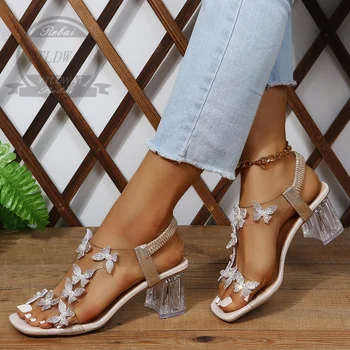Сандалии женские Летние Новые модные женские блестящие бабочки Со стразами, прозрачные сандалии с открытым носком, женская обувь