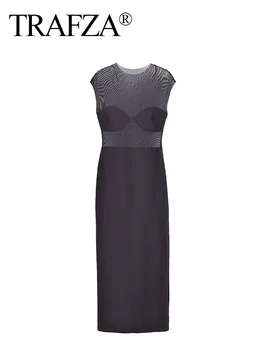 Сексуальные женские платья-футляры TRAFZA, однотонные рукава с круглым вырезом, перспективный разрез, молния, Весеннее длинное платье, Женское Модное 2024