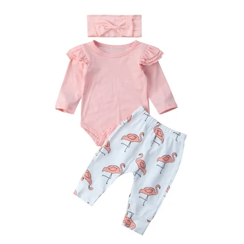 Симпатичные Детские комбинезоны для мальчиков, топы с летящими рукавами + Длинные брюки, повязка на голову с фламинго, комплект одежды из 3 предметов, милые наряды