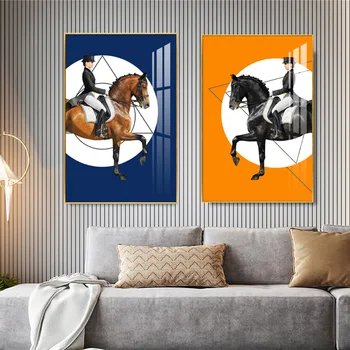 Современная выездка Chevaux Horse Rider Сине-оранжевые плакаты на холсте, настенные художественные принты для украшения дома в гостиной
