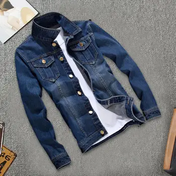 Стильное джинсовое пальто с пуговицами чистого цвета, джинсовая куртка для подростков, застегивающаяся на пуговицы джинсовая куртка с отложным воротником, джинсовая куртка для работы