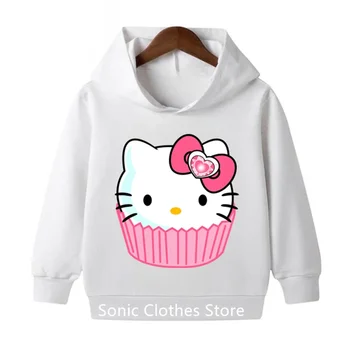 Толстовка с капюшоном Kawaii Hello Kitty, детская одежда, одежда для девочек, модная одежда для маленьких мальчиков, осенняя теплая толстовка, детские топы