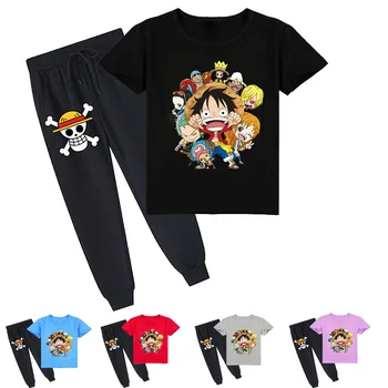 Футболка с короткими рукавами для мальчиков и девочек с модным принтом One Piece New Campus, летние брюки, костюм-двойка