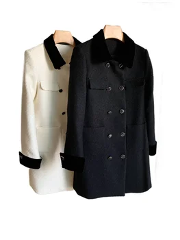 Шерстяное пальто с лацканами средней длины, приталенная версия, однотонный двубортный дизайн, теплый и удобный, осень/зима 2023