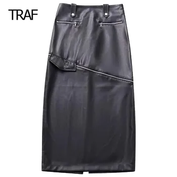 Юбка из искусственной кожи TRAF Midi, осенние юбки для женщин, черная длинная юбка на молнии со средней талией, шикарная и элегантная женская юбка высокого качества